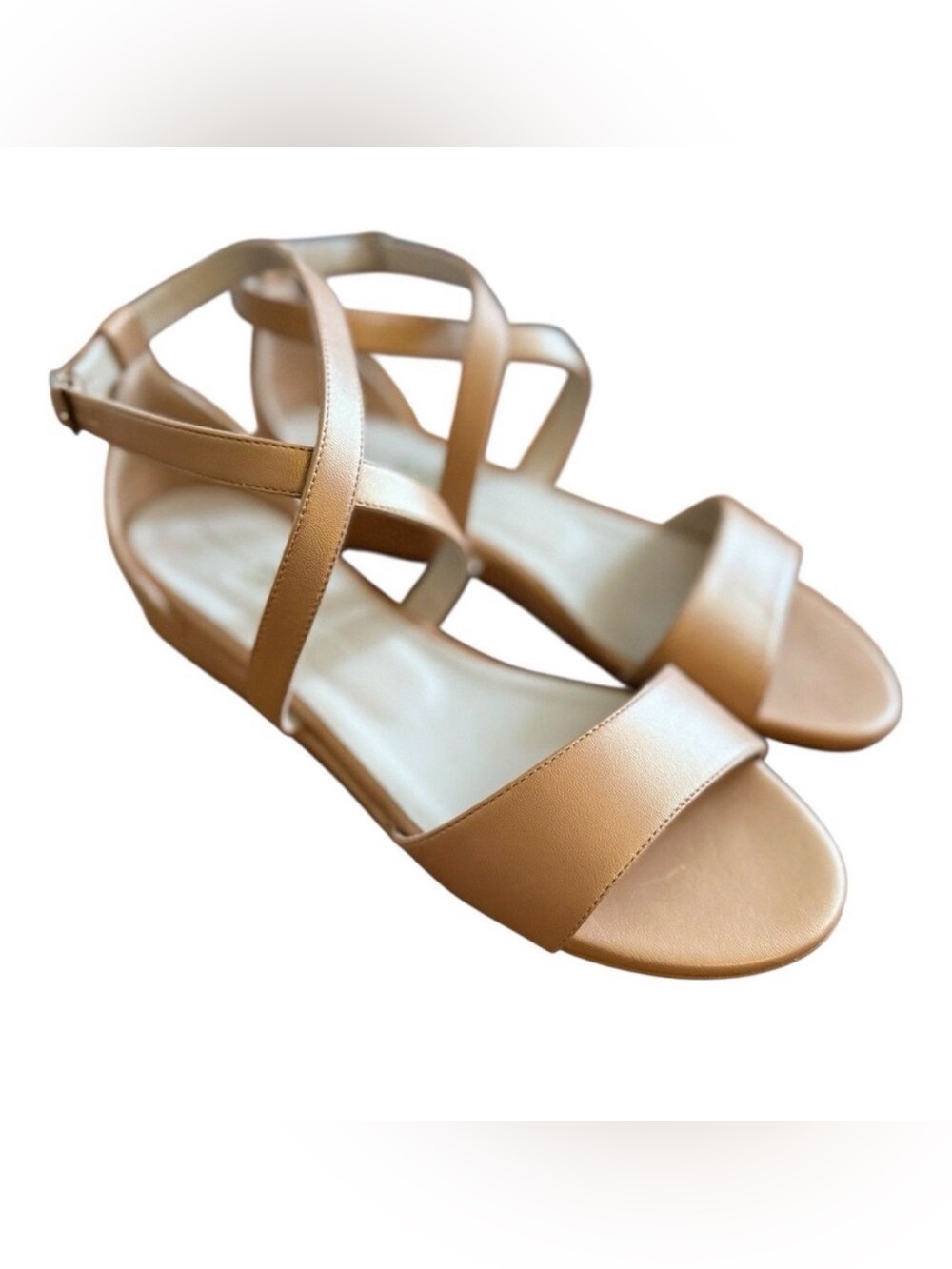 SAS Simone Italian Wedge Sandal Sz 10 Wide Caramel Brown Leather Cross Straps